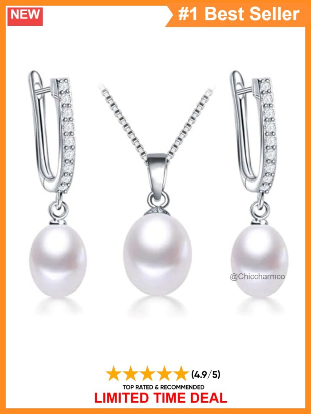 Freshwater Pearl Necklace & Earrings Set 925 Sterling Silver Wedding